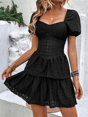 French Retro Solid Color Tunic Square Neck Puff Sleeves Layered Cake Dress