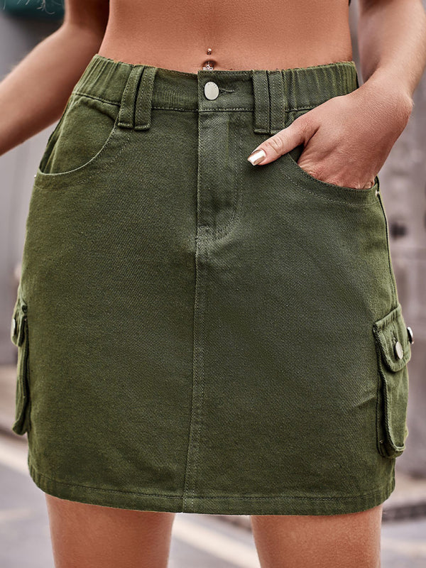 elastic waist denim work dress casual skirt