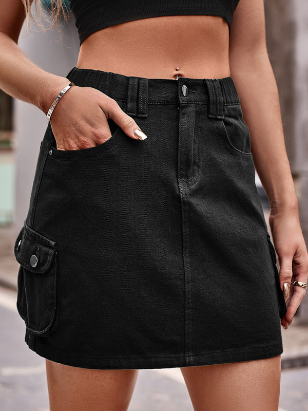 elastic waist denim work dress casual skirt