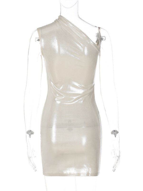 Sexy Slim Solid Color Slant Shoulder Sleeveless Hip Dress