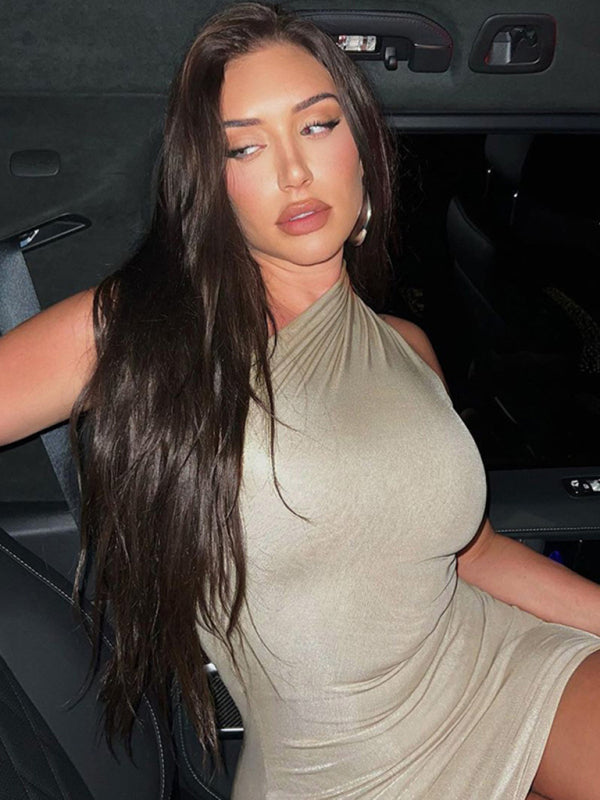 Sexy Slim Solid Color Slant Shoulder Sleeveless Hip Dress