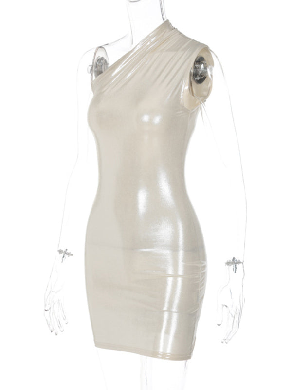 Sexy Slim Solid Color Slant Shoulder Sleeveless Hip Dress