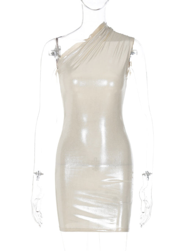 Sexy Slim Solid Color Slant Shoulder Sleeveless Hip Dress