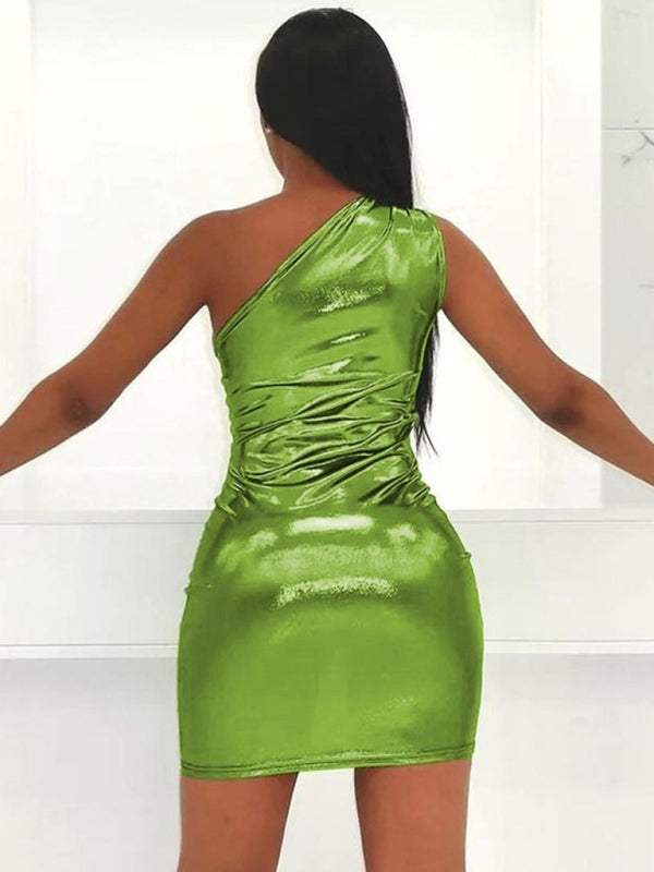 Sexy Slim Solid Color Slant Shoulder Sleeveless Hip Dress