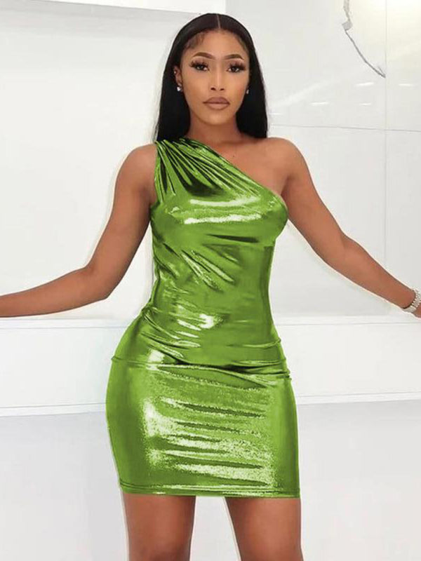 Sexy Slim Solid Color Slant Shoulder Sleeveless Hip Dress
