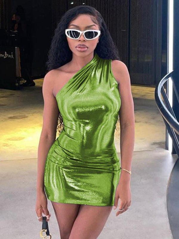 Sexy Slim Solid Color Slant Shoulder Sleeveless Hip Dress