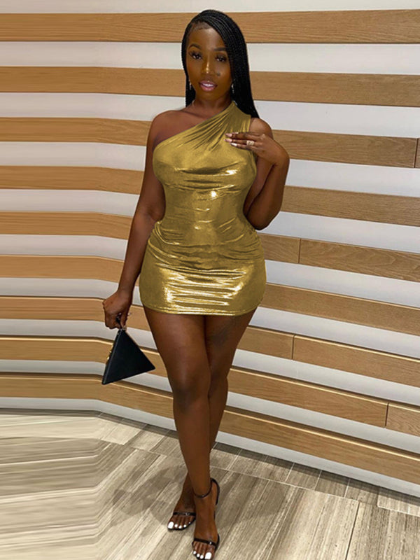 Sexy Slim Solid Color Slant Shoulder Sleeveless Hip Dress