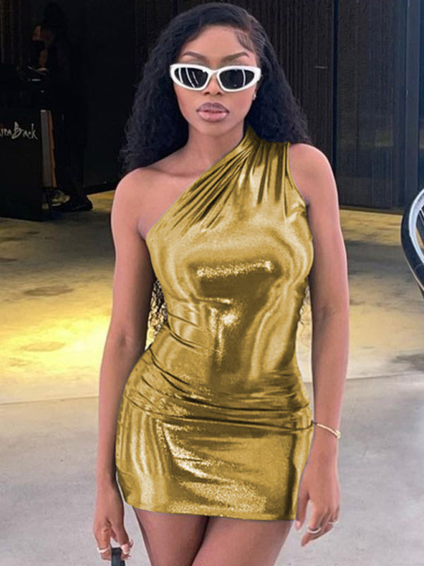 Sexy Slim Solid Color Slant Shoulder Sleeveless Hip Dress