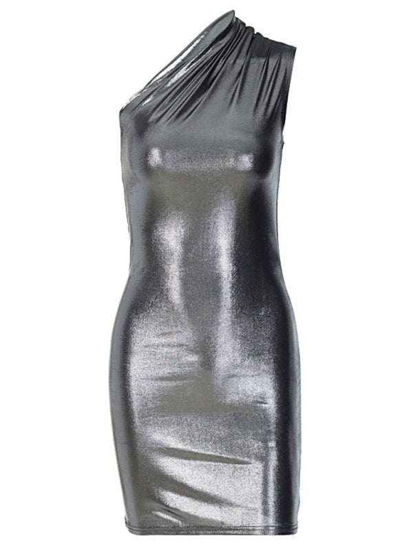 Sexy Slim Solid Color Slant Shoulder Sleeveless Hip Dress