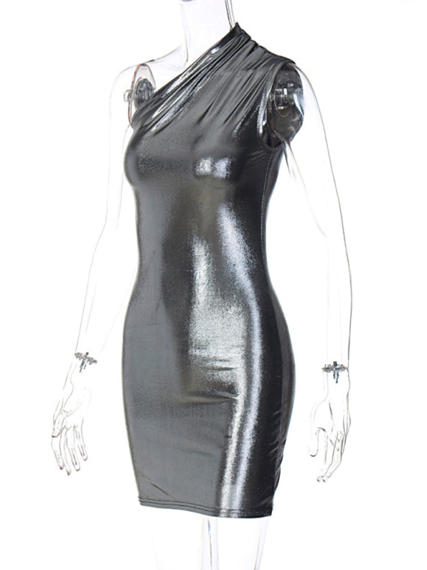 Sexy Slim Solid Color Slant Shoulder Sleeveless Hip Dress