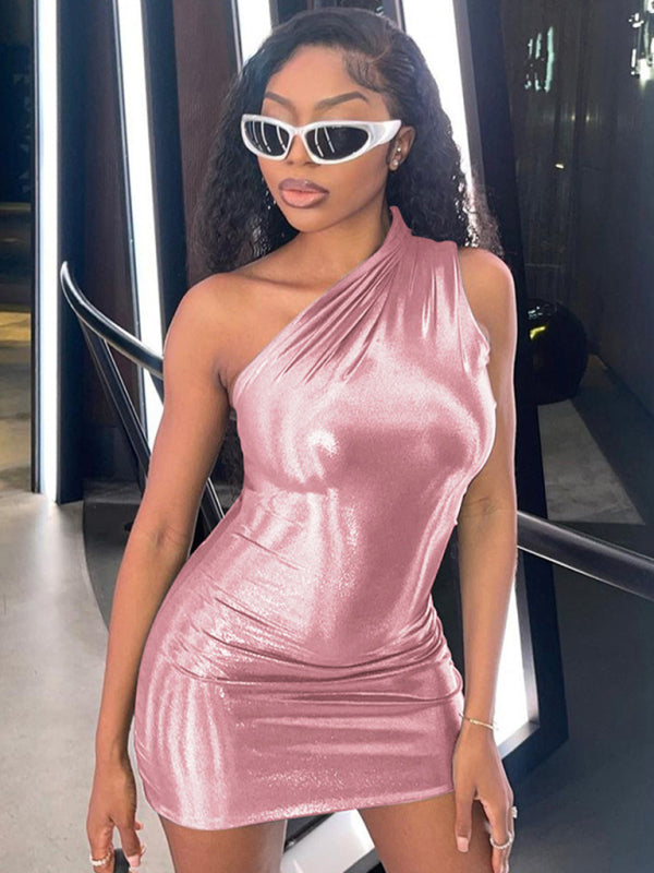 Sexy Slim Solid Color Slant Shoulder Sleeveless Hip Dress