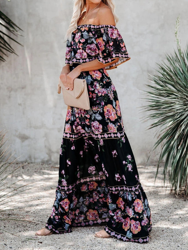 one-shoulder printed long swing dress
