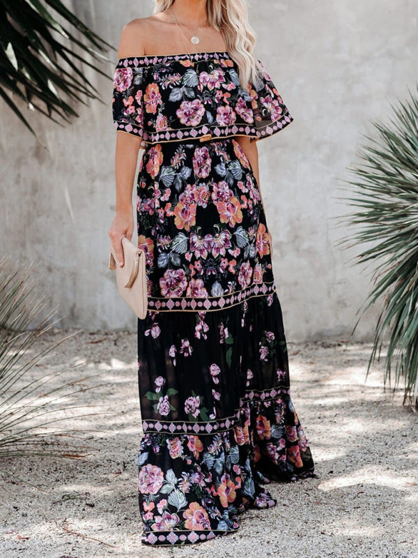 one-shoulder printed long swing dress