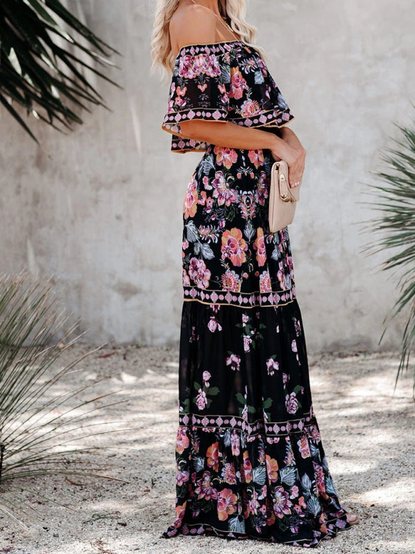 one-shoulder printed long swing dress