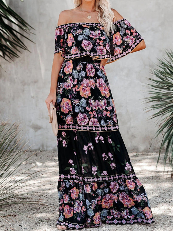 one-shoulder printed long swing dress
