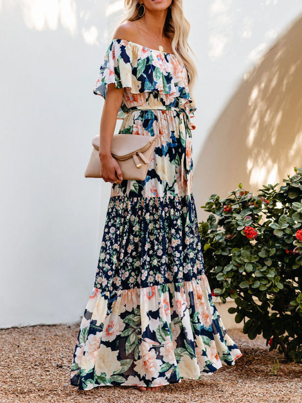 one-shoulder printed long swing dress