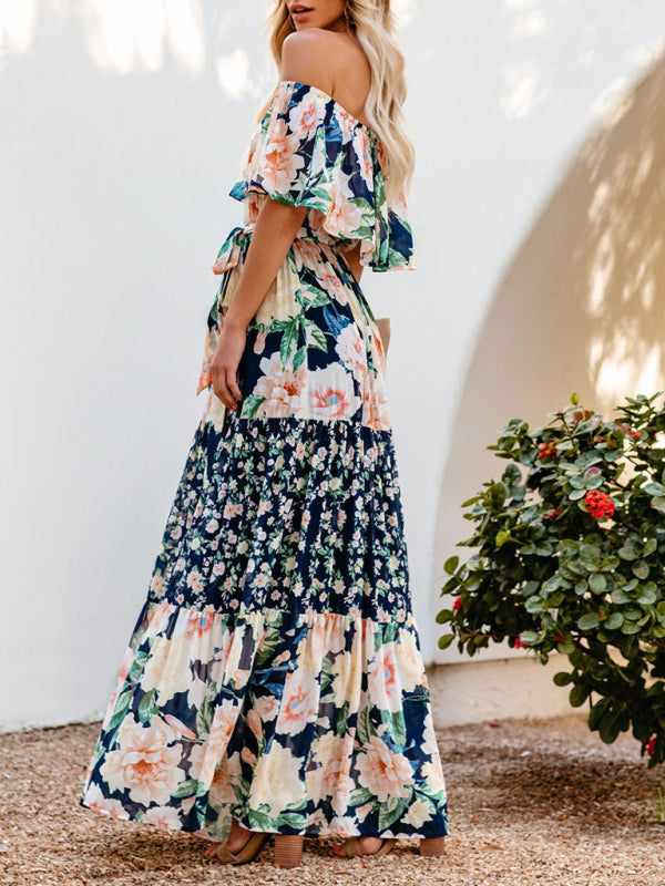 one-shoulder printed long swing dress