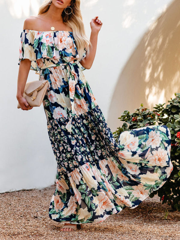 one-shoulder printed long swing dress