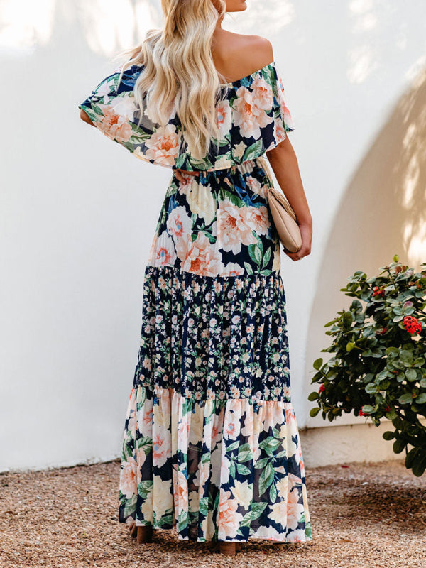 one-shoulder printed long swing dress