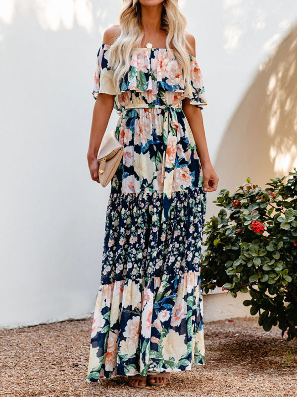 one-shoulder printed long swing dress