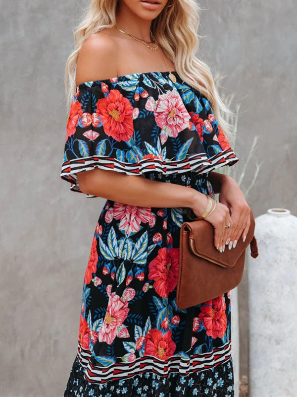 one-shoulder printed long swing dress