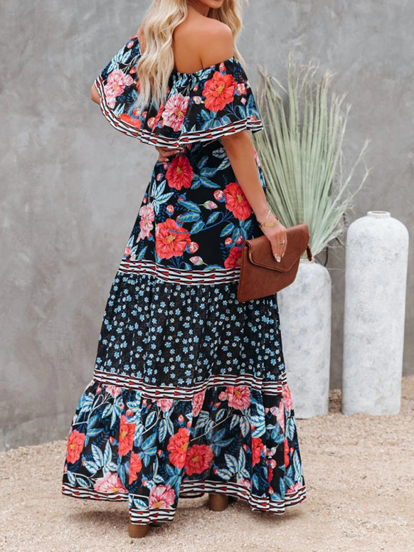 one-shoulder printed long swing dress