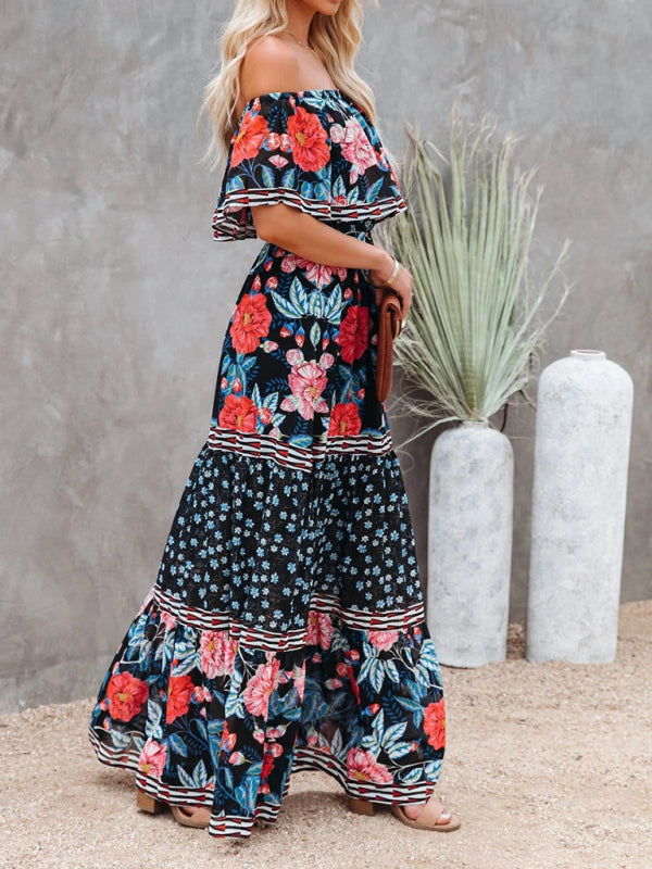 one-shoulder printed long swing dress