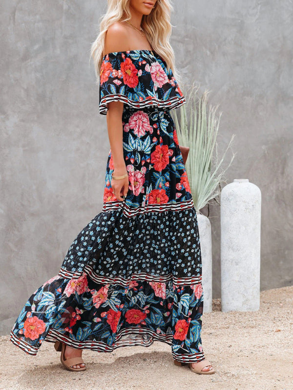 one-shoulder printed long swing dress