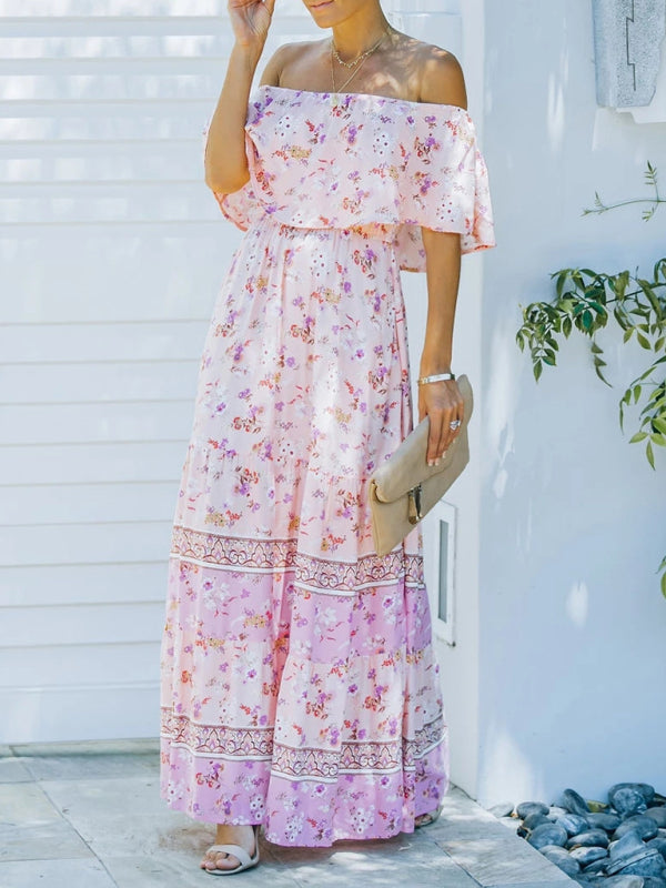 one-shoulder printed long swing dress