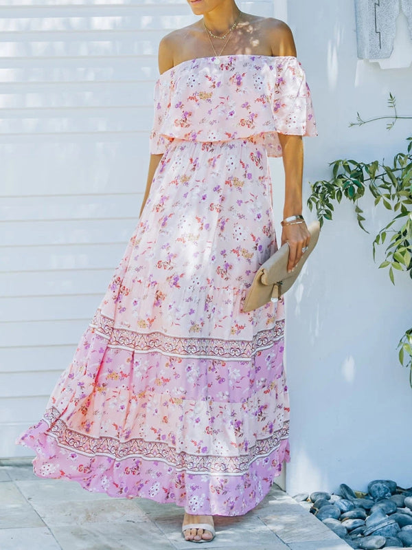 one-shoulder printed long swing dress