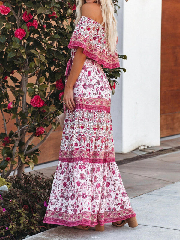 one-shoulder printed long swing dress