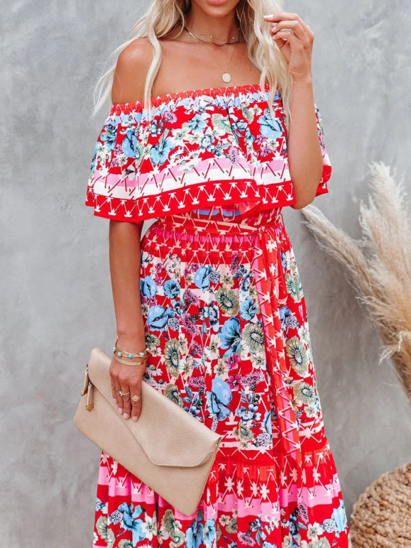 one-shoulder printed long swing dress