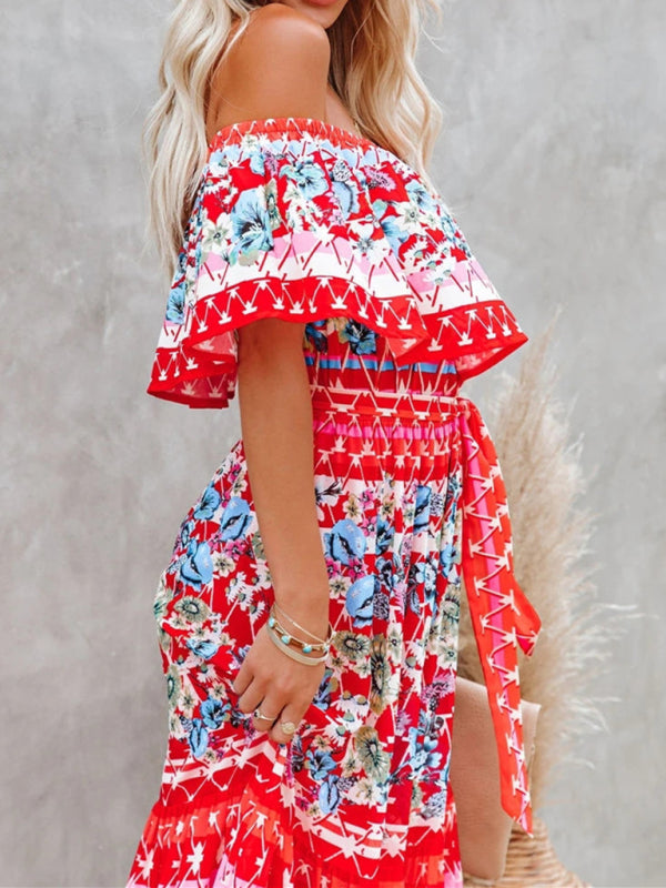 one-shoulder printed long swing dress