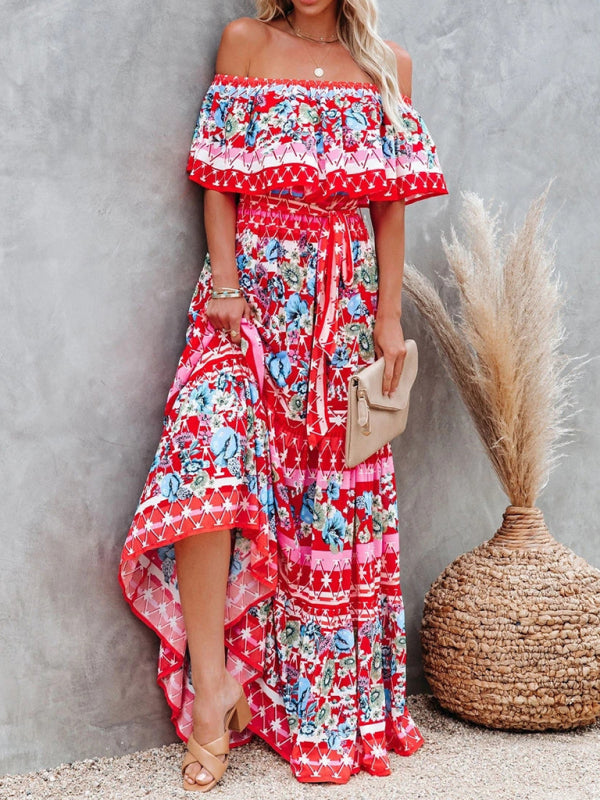 one-shoulder printed long swing dress