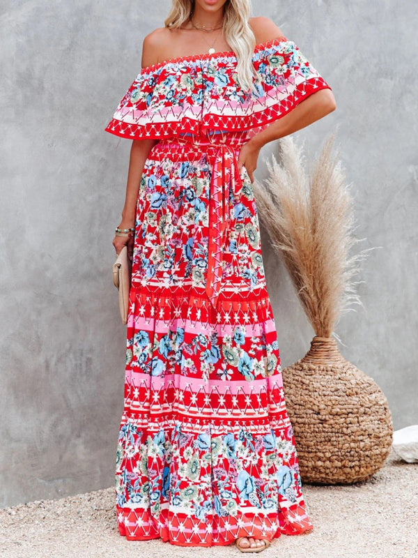 one-shoulder printed long swing dress