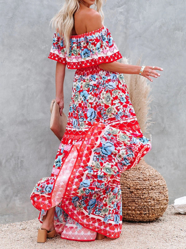 one-shoulder printed long swing dress