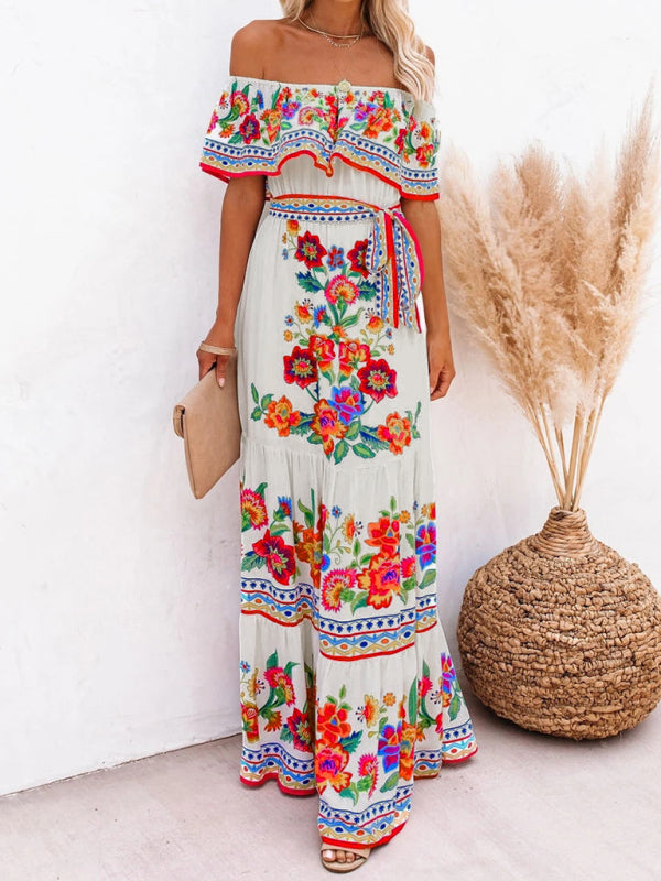 one-shoulder printed long swing dress