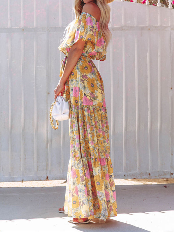 one-shoulder printed long swing dress