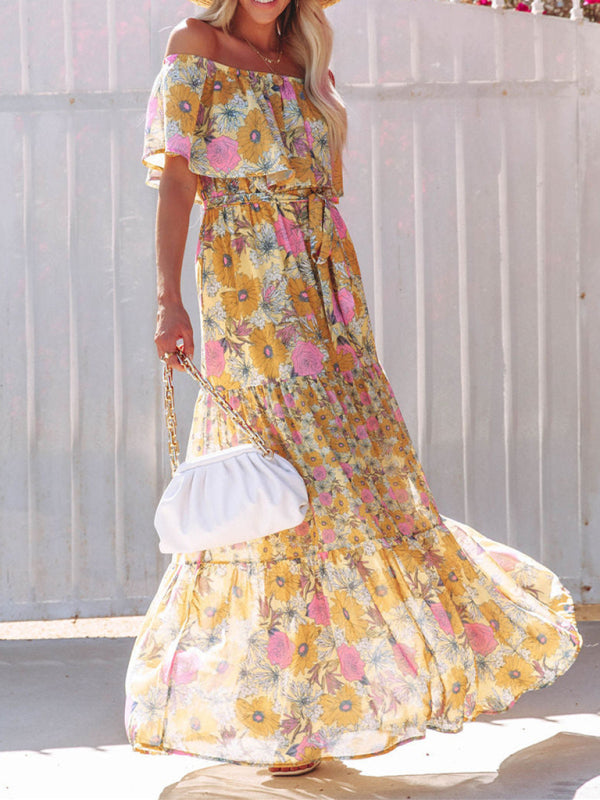one-shoulder printed long swing dress