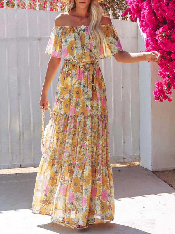 one-shoulder printed long swing dress