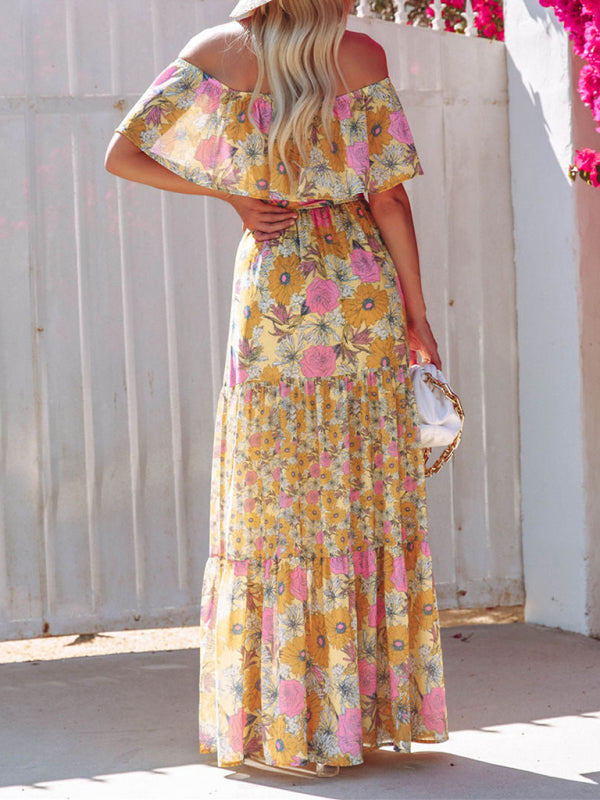 one-shoulder printed long swing dress