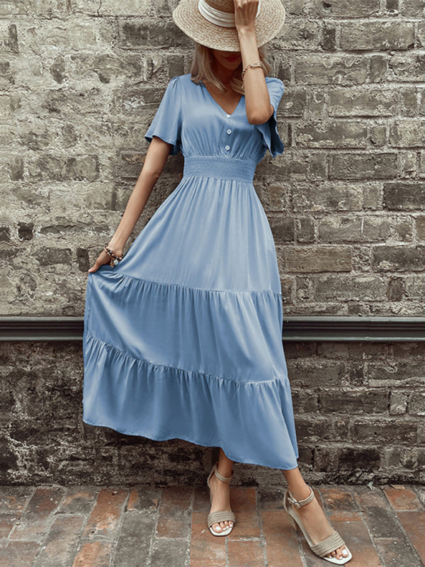 European and American popular style V-neck mid-length dress