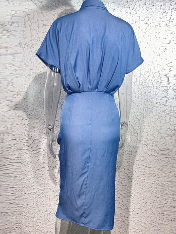 Elegant Lapel Neck Button High Elastic Pleated Waist Denim Dress