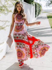 Printed Halter Neck High Waist Scheming Red Temperament Commuter Dress