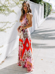 Printed Halter Neck High Waist Scheming Red Temperament Commuter Dress