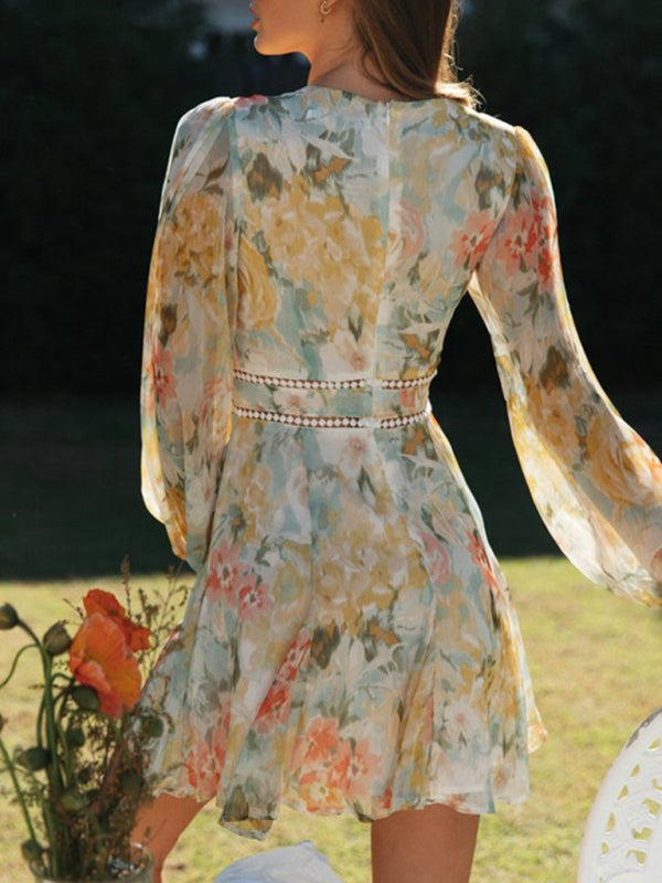 Print V-neck Puff Sleeves Lace Stitching Swing Dress