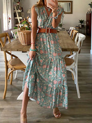 high-end printed skirt V-neck dress