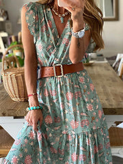 high-end printed skirt V-neck dress