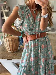high-end printed skirt V-neck dress