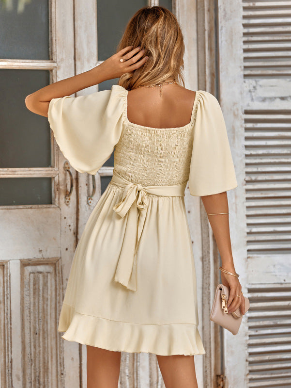V-neck solid color waist ruffled dress women